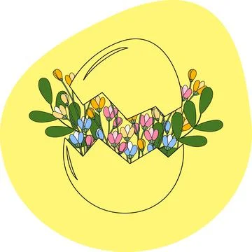 Crack Eggshell with Flowers and twigs in Minimalistic Flat Design Easter or Stock Illustration