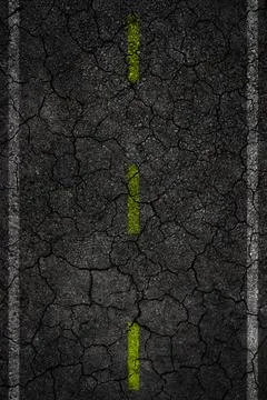 Crack road texture with two white stripes and dashed yellow stripe Stock Photos