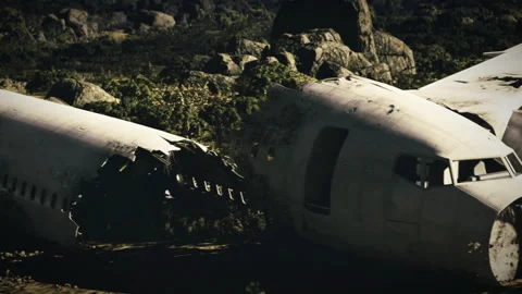Cracked airplane shell exposing rough metallic shards and burnt insulation Stock Footage 335102225