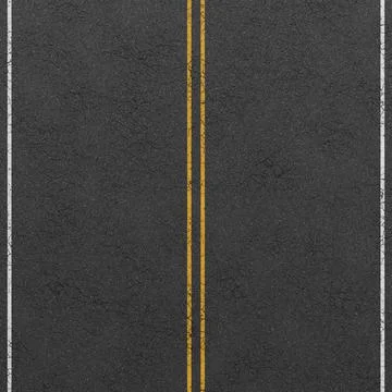 Cracked asphalt road surface with double yellow lines and white edges. 3D Stock Illustration