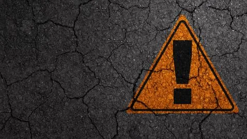Cracked asphalt with a yellow triangular warning sign featuring a black exc.. Illustrazione stock