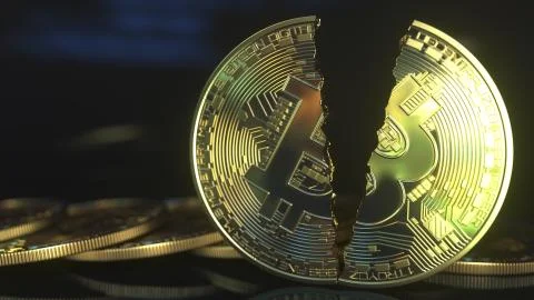 Cracked bitcoin token. Cryptocurrency crisis concept. 3D rendering Stock Illustration