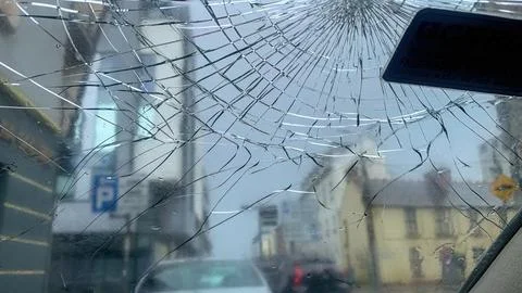 Cracked Car Windshield View from Interior Stock Photos