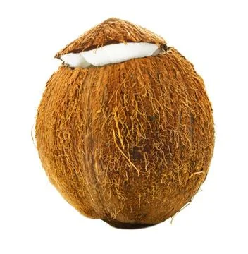 Cracked coconut on a white background. Stock Photos