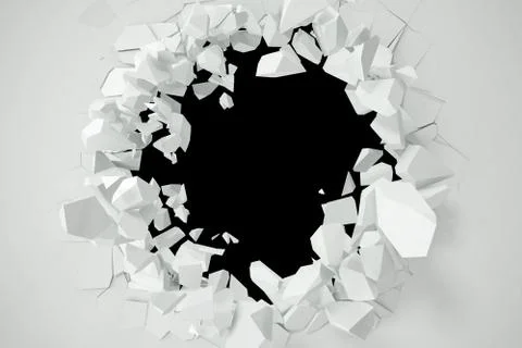 Cracked, destruction of a white wall, template for a content. 3d rendering Stock Illustration