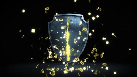 Cracked digital security shield with glowing data particles flying apart, Stock Illustration