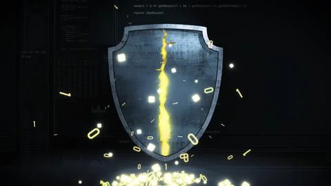 Cracked digital security shield symbolizing a firewall breach, cyber attack, and Illustrazione stock