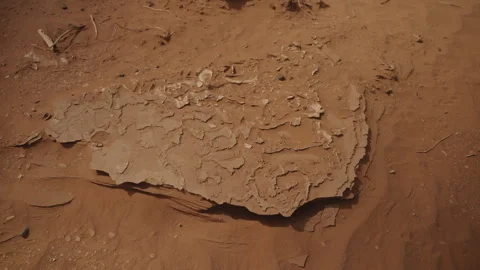 Cracked dried mud slab on red desert sand showing extreme drought in Morocco Stock Footage 335960368