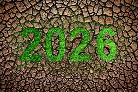 Cracked Earth Pattern Texture text  2026  new year background green environment Stock Photos