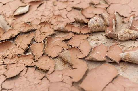 Cracked earth surface macro view of a textured desert landscape and dryness.. Stock Photos