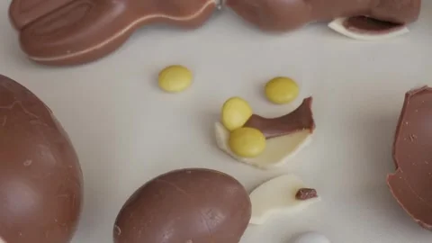 Cracked Easter Chocolate Eggs Reveal Sweet Candy Surprise Inside Stock Footage 333110406