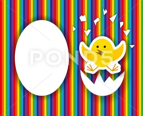 Cracked egg with cute chicks inside,happy birthday greeting card Stock Illustration