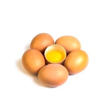 Cracked egg with egg shell, egg yolk and egg white isolated on white backgrou Stock Photos