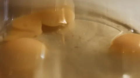Cracked eggs in a glass bowl. Process of preparing pancakes. 4K video Stock Footage 144900012