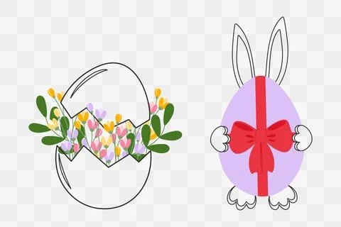 Cracked Eggshell with floral composition inside and Bunny hiding behind Easter Illustrazione stock