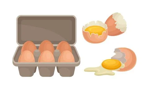 Cracked Eggshell with Raw Egg and Egg Package as Food Vector Set Stock Illustration