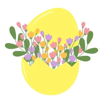 Cracked Eggshell with spring flowers and twigs inside in trendy soft shades Stock Illustration