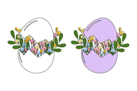 Cracked Eggshell with spring twigs and blossom flowers inside. Spring or Easter Stock Illustration