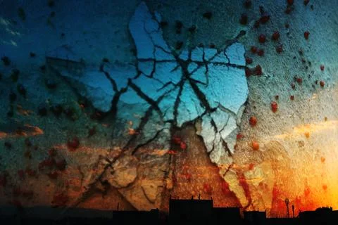 Cracked five-point star painted on a textured concrete surface merged Stock Photos