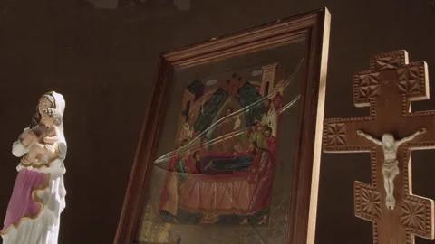 A cracked icon of Jesus with crosses on the sides Stock Footage 253223597