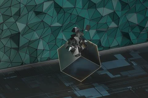 Cracked metal cube with grid pattern background, 3d rendering. Stock Illustration