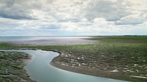 Cracked mud flats in a salt marsh. Aerial: Tidal mudflats, Abstract texture.. 库存影片 260892254