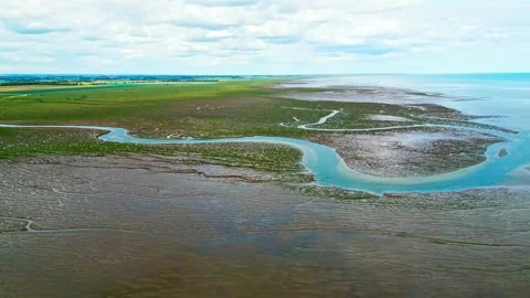 Cracked mud flats in a salt marsh. Aerial: Tidal mudflats, Abstract texture.. 库存影片 260892265