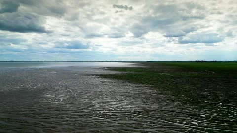 Cracked mud flats in a salt marsh. Aerial: Tidal mudflats, Abstract texture.. 库存影片 260892271