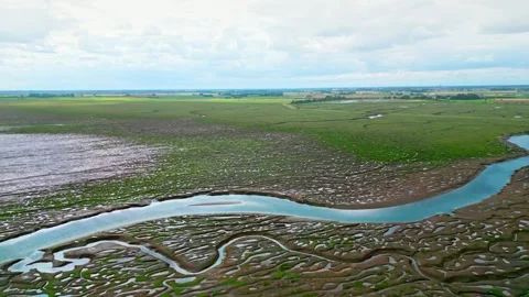 Cracked mud flats in a salt marsh. Aerial: Tidal mudflats, Abstract texture.. Vidéo 260892615