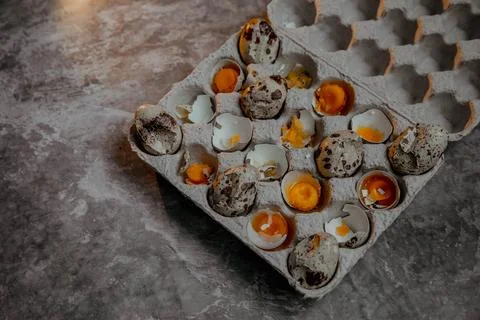 Cracked quail egg with broken shell in box on grey background Stock Photos