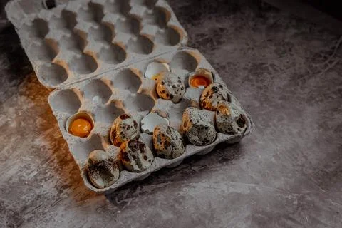 Cracked quail egg with broken shell in box on grey background Stock Photos