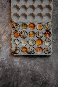 Cracked quail egg with broken shell in box on grey background Stock Photos