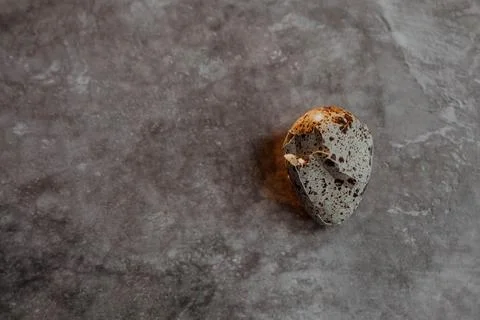 Cracked quail egg with broken shell on grey background Stock Photos