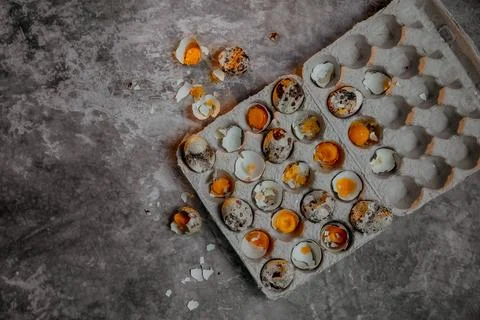Cracked quail egg with broken shell in box on grey background Stock Photos