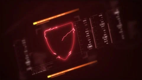Cracked red shield on a dark HUD interface with alert readouts for data breach Vídeo Stock 344793126