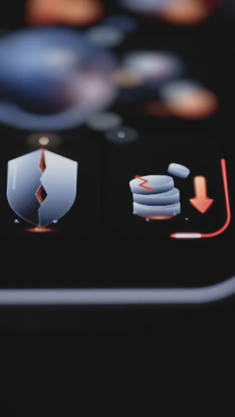 Cracked shield stands beside damaged database download icon Stock Footage 344111178