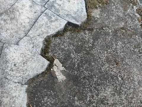 Cracked Stone Tile Layer on Weathered Concrete Surface Stock Photos