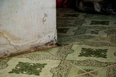 Cracked wall and patterned floor tiles in an old room Stock Photos
