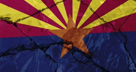 A cracked wall with The Arizona state flag of the United States of America Stock Footage 337426945
