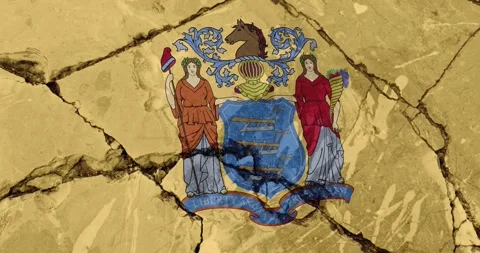 Cracked wall with The new jersey state flag of the United States of America 스톡 동영상 337429975