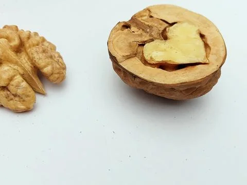 Cracked walnut with kernel isolated on white background Stock Photos