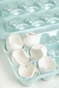Cracked White Egg Shells On Styrofoam Tray Stock Photos