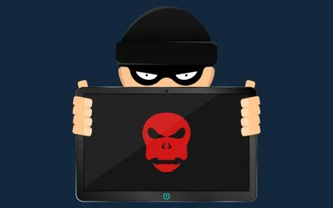 Cracker and hacker is holding in his hand a hacked modern electronic tablet.. Illustrazione stock