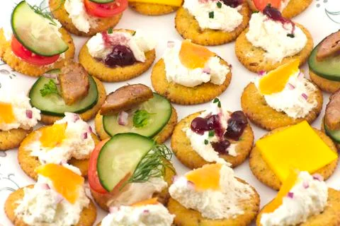 Crackers canopes with toppings Foto stock