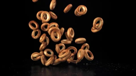 Crackers fall on the table. Filmed on a high-speed camera at 1000 fps. Stock Footage 322815701
