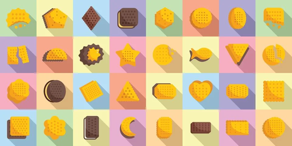 Crackers icons set flat vector. Cookie snack Stockillustratie