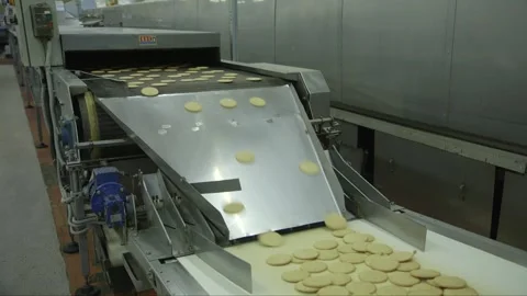 Crackers slide down a metal plate from one conveyor line to another Video stock 243822976