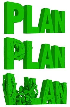 Cracking and crumbling of the word Plan Rendered illustration of the crack... Foto stock