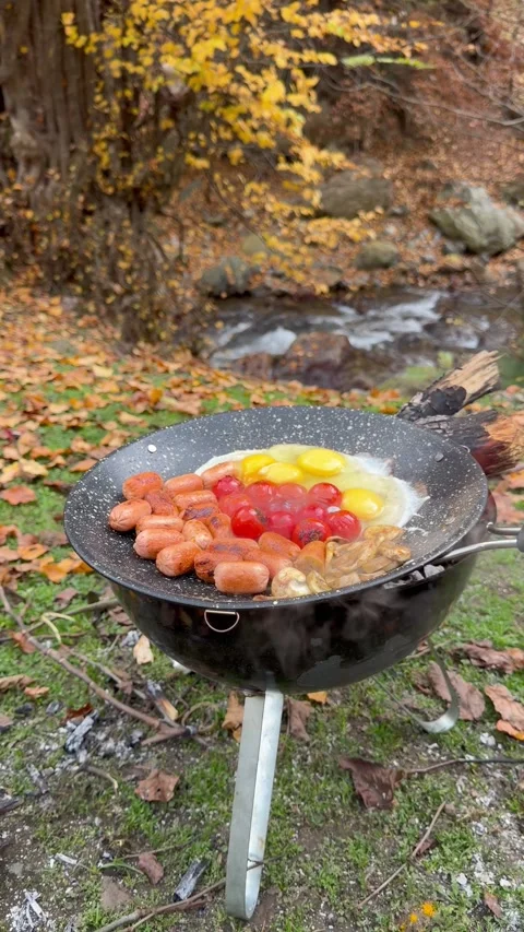 Cracking fresh eggs into pan while cooking outdoors over campfire Stock Footage 324710973