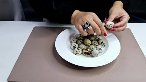 Cracking quail egg shell by hands (Original ASMR Sound) Stock Footage 332344787